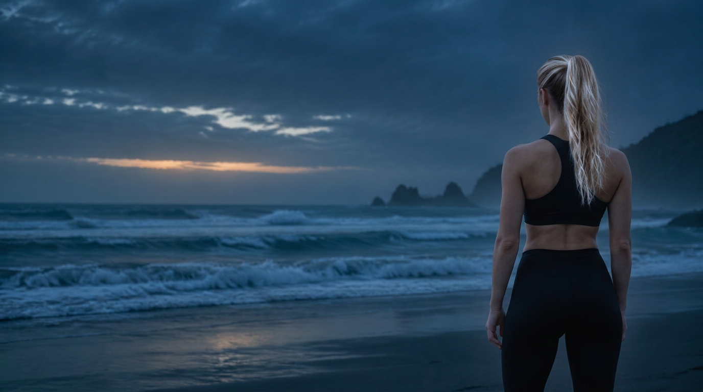 Woman facing the ocean at dusk